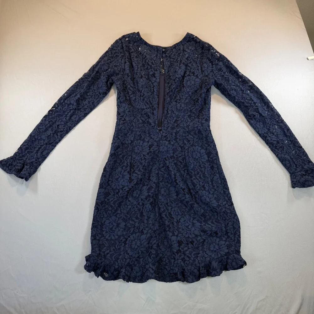 Navy Blue Lace Long Sleeve Ruffle Mini Dress Womens US‎ M Romantic Cocktail Date